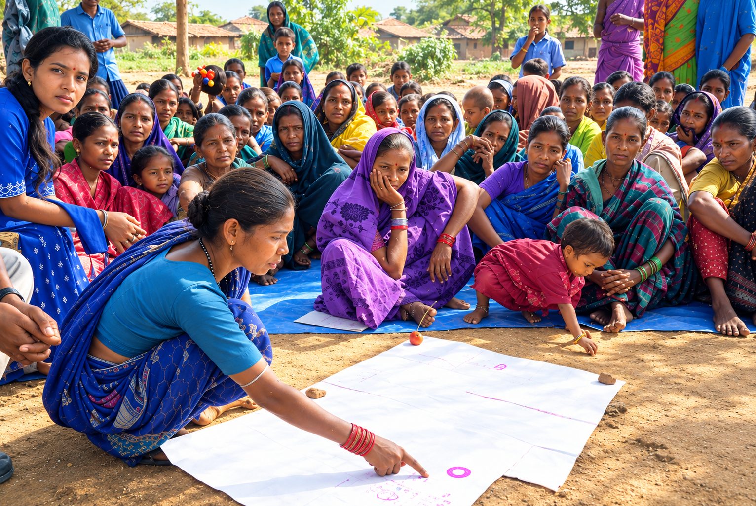 Women sit together on the ground for a village mapping session while one marks a chart