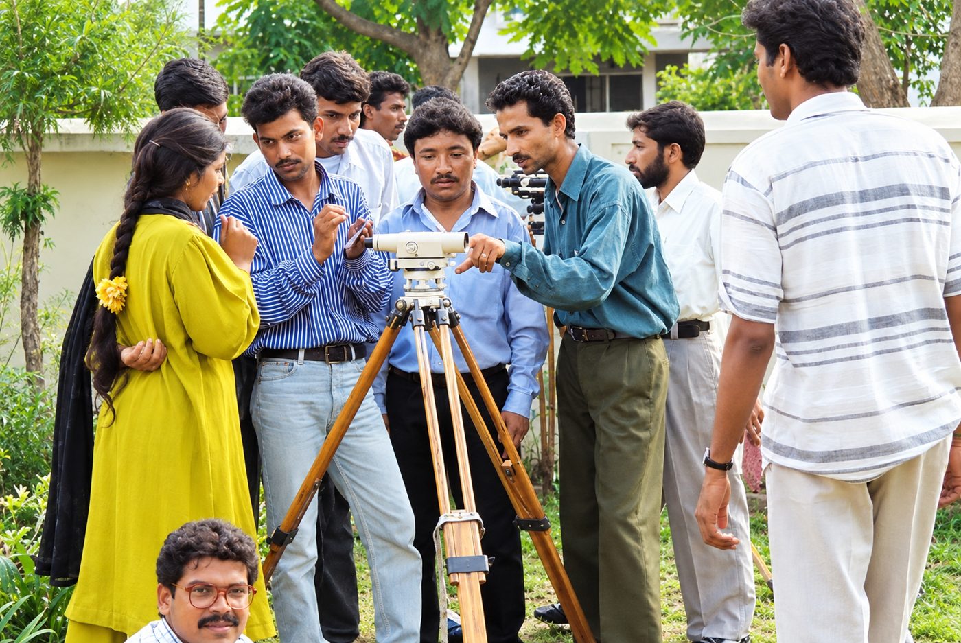 Trainees gather round a surveying instrument outdoors